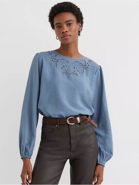 LOFT Light Blue Long-Sleeve Pleated Peasant Blouse
